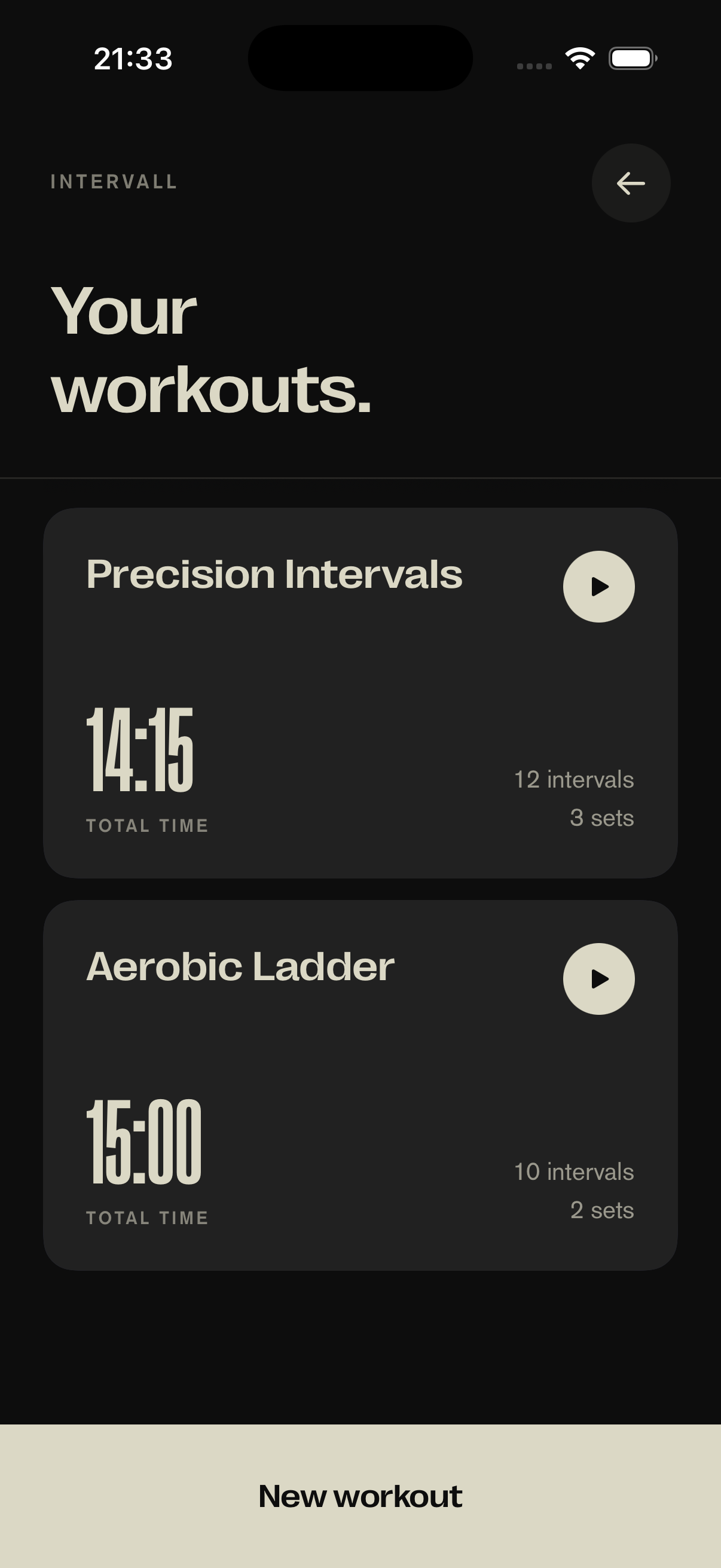Actual Intervall iPhone screenshot showing saved workouts.