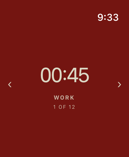 Actual Intervall Watch Ultra simulator screenshot showing 00:45, Work, interval 1 of 12.